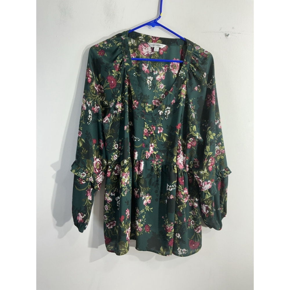 Womans Counterpart Blouse Large Green Floral V Neck Empire Waist Ruffles Flowy